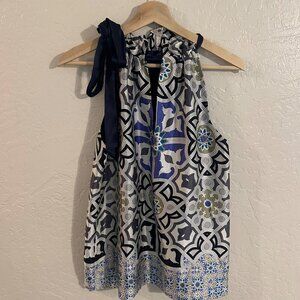 Hale Bob Y Silk Blue Ribbon Tie Halter Blouse
